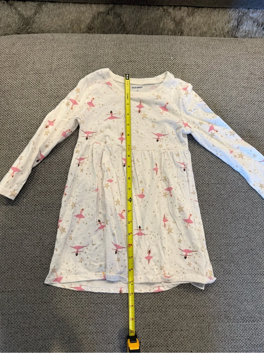 Old Navy Girls Ballerina Print Fit & Flare Long Sleeve Dress White Pink Knee 3T
